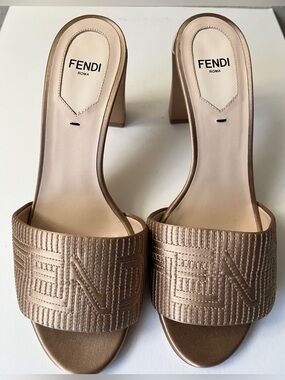 Fendi Metallic Rose Gold Embossed FF Slide Mules